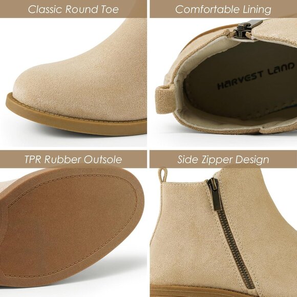 Women's Beige Sand Ankle Boots Short Flat Low Heel Dress Chelsea Casual Classic - Picture 2 of 9